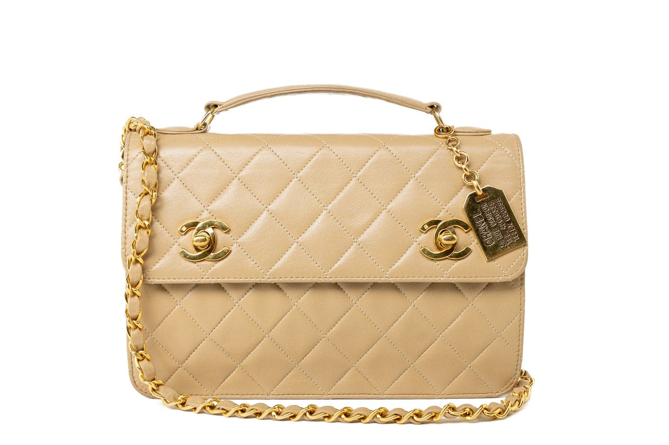 CHANEL Handbag Cream Vintage Beige Double Turnlock Single Flap Briefcase Bag Gold Hardware - Redeluxe