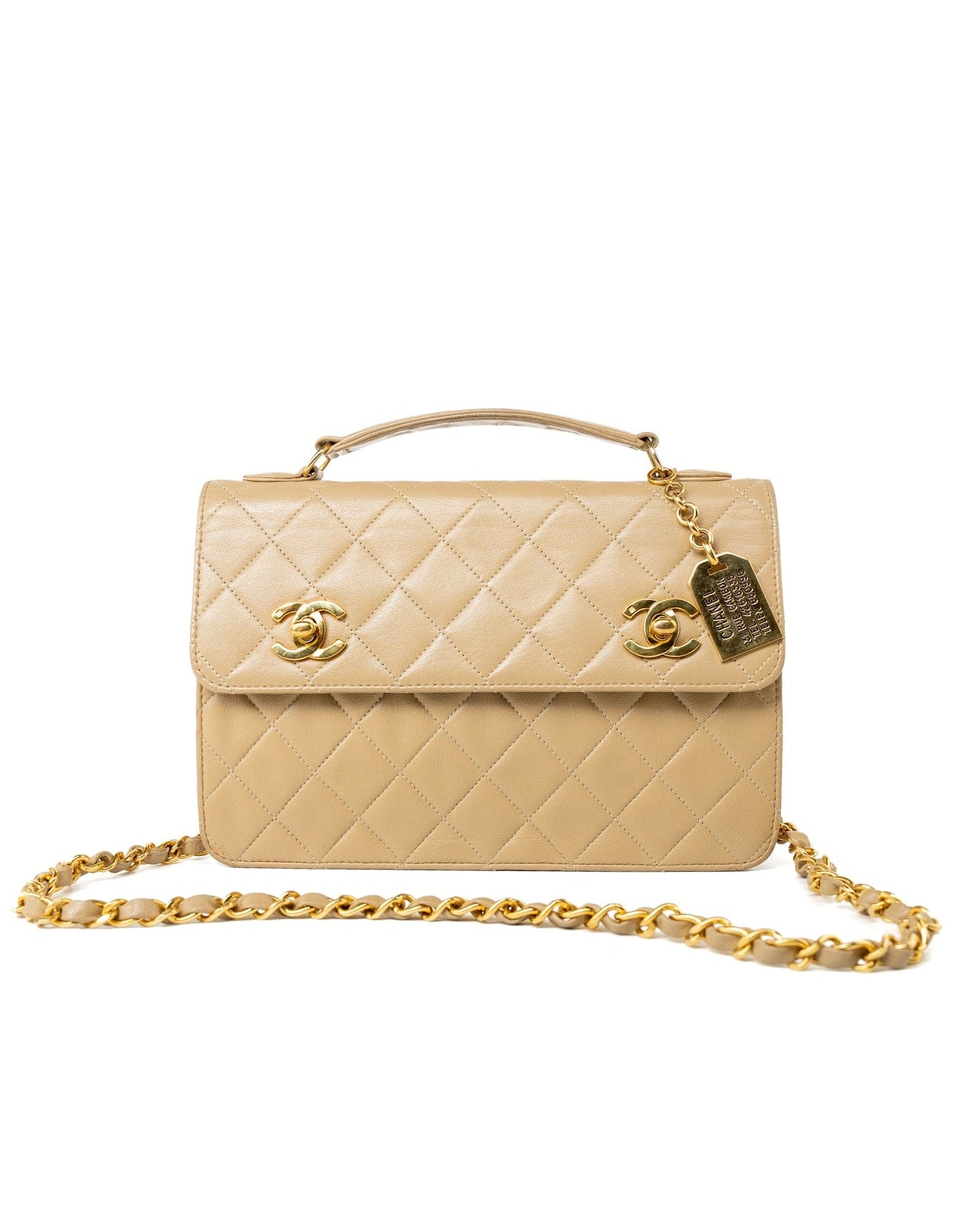 CHANEL Handbag Cream Vintage Beige Double Turnlock Single Flap Briefcase Bag Gold Hardware - Redeluxe