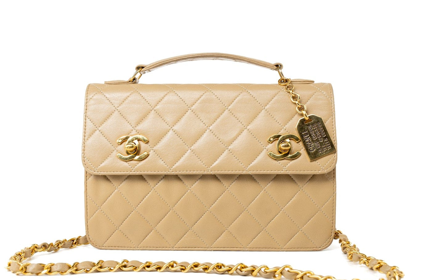 CHANEL Handbag Cream Vintage Beige Double Turnlock Single Flap Briefcase Bag Gold Hardware - Redeluxe