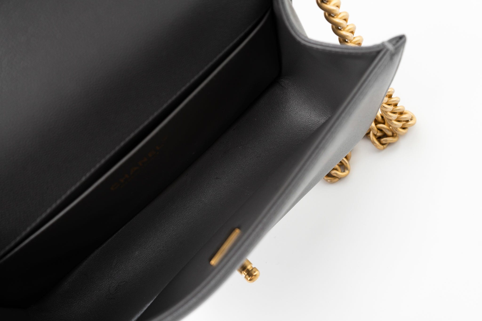 CHANEL Handbag Dark Grey Boy Bag Old Medium Caviar Quilted w/ Aged Gold Hardware - Redeluxe