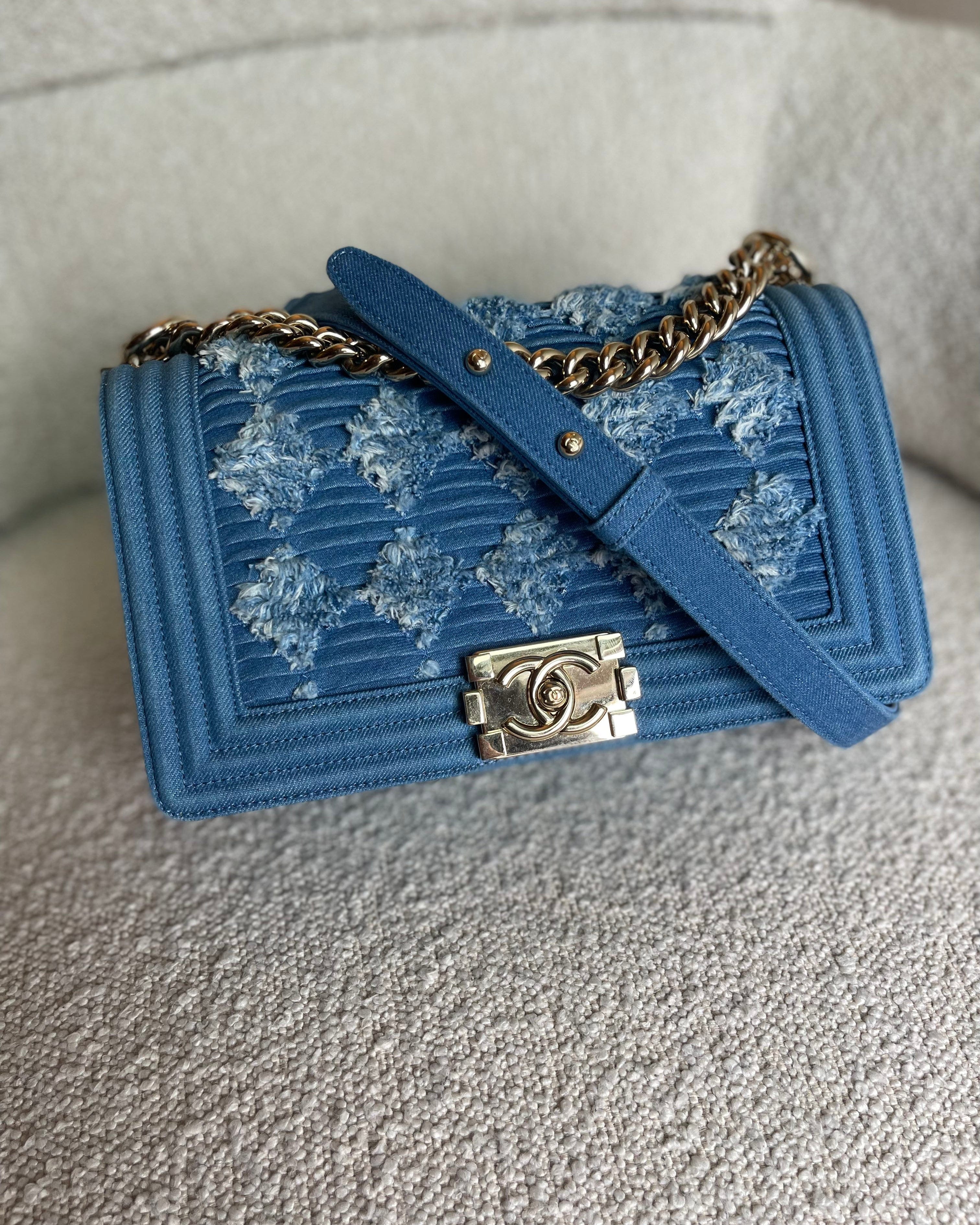 CHANEL Handbag Denim Pleated Old Medium Light Blue Boy Bag - Redeluxe