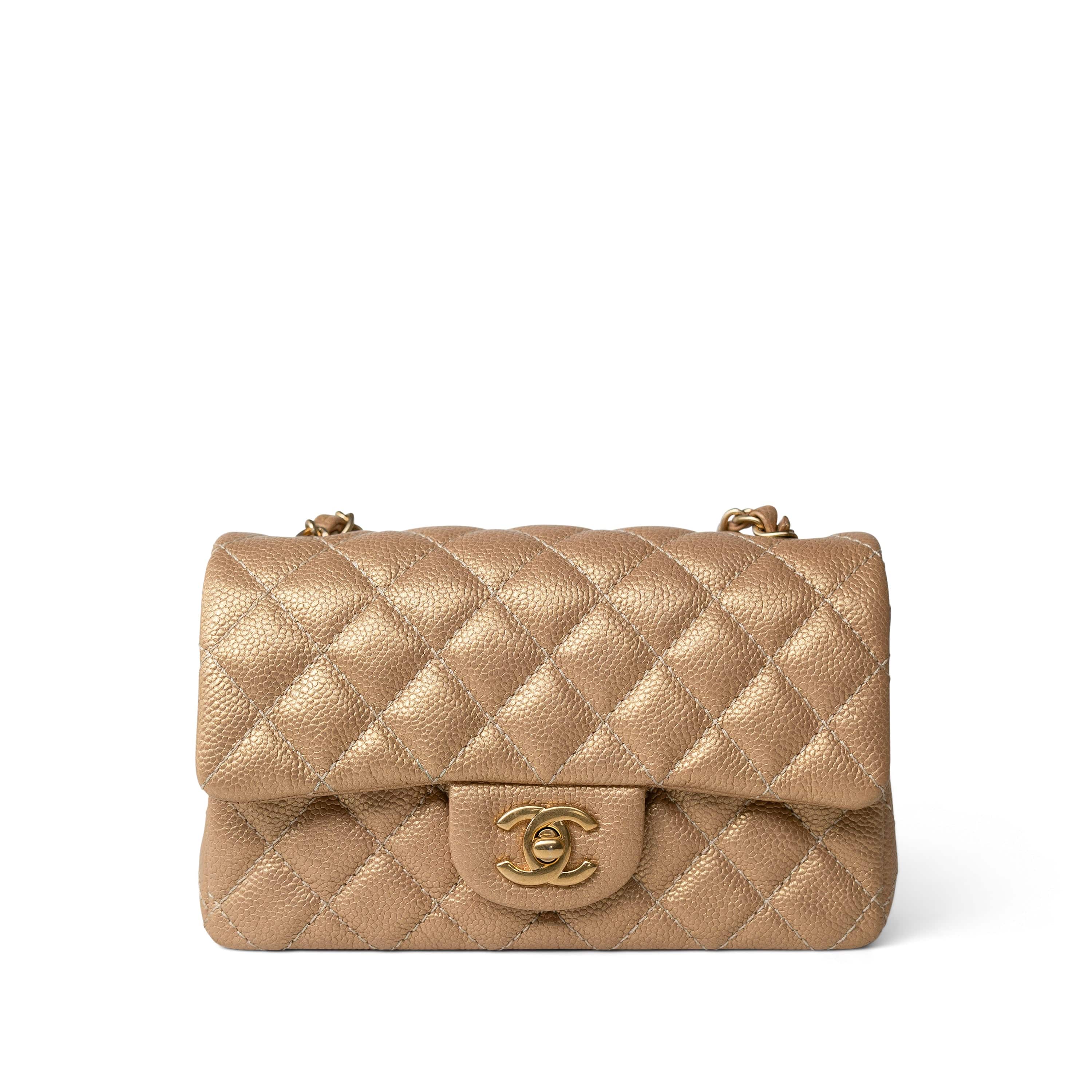CHANEL Handbag Gold 15C Gold Caviar Quilted Mini Rectangular Flap Antique Gold Hardware - Redeluxe