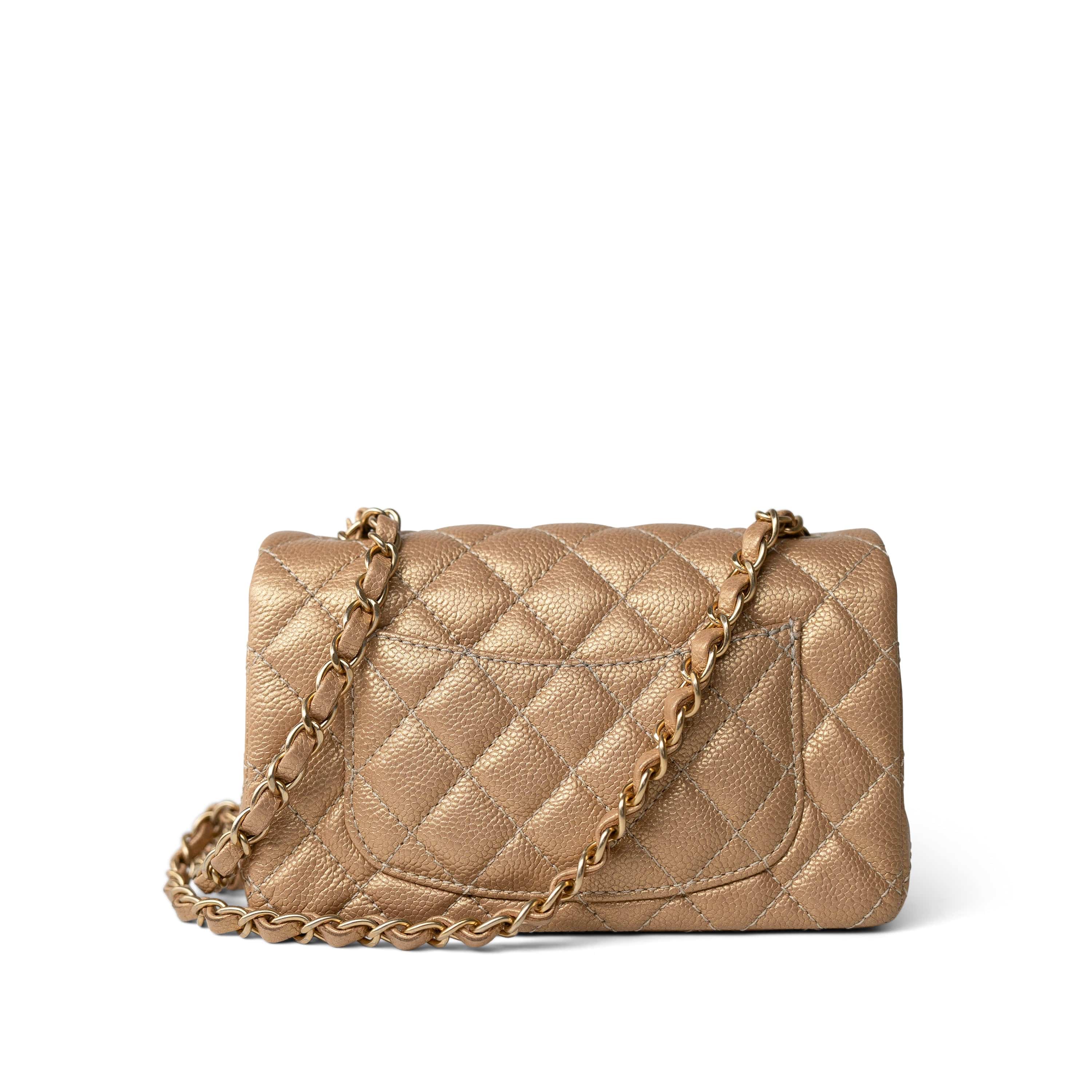 CHANEL Handbag Gold 15C Gold Caviar Quilted Mini Rectangular Flap Antique Gold Hardware - Redeluxe