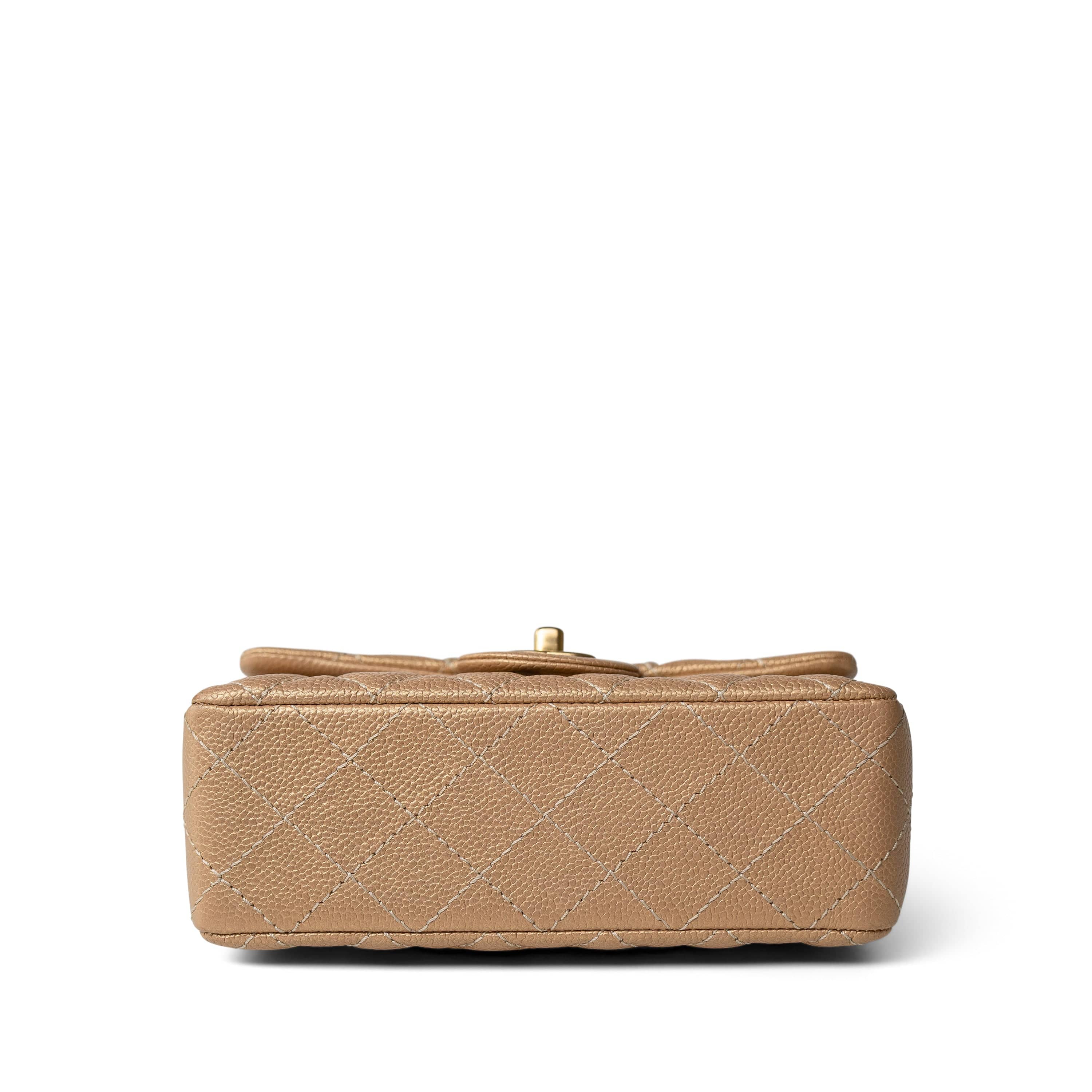 CHANEL Handbag Gold 15C Gold Caviar Quilted Mini Rectangular Flap Antique Gold Hardware - Redeluxe