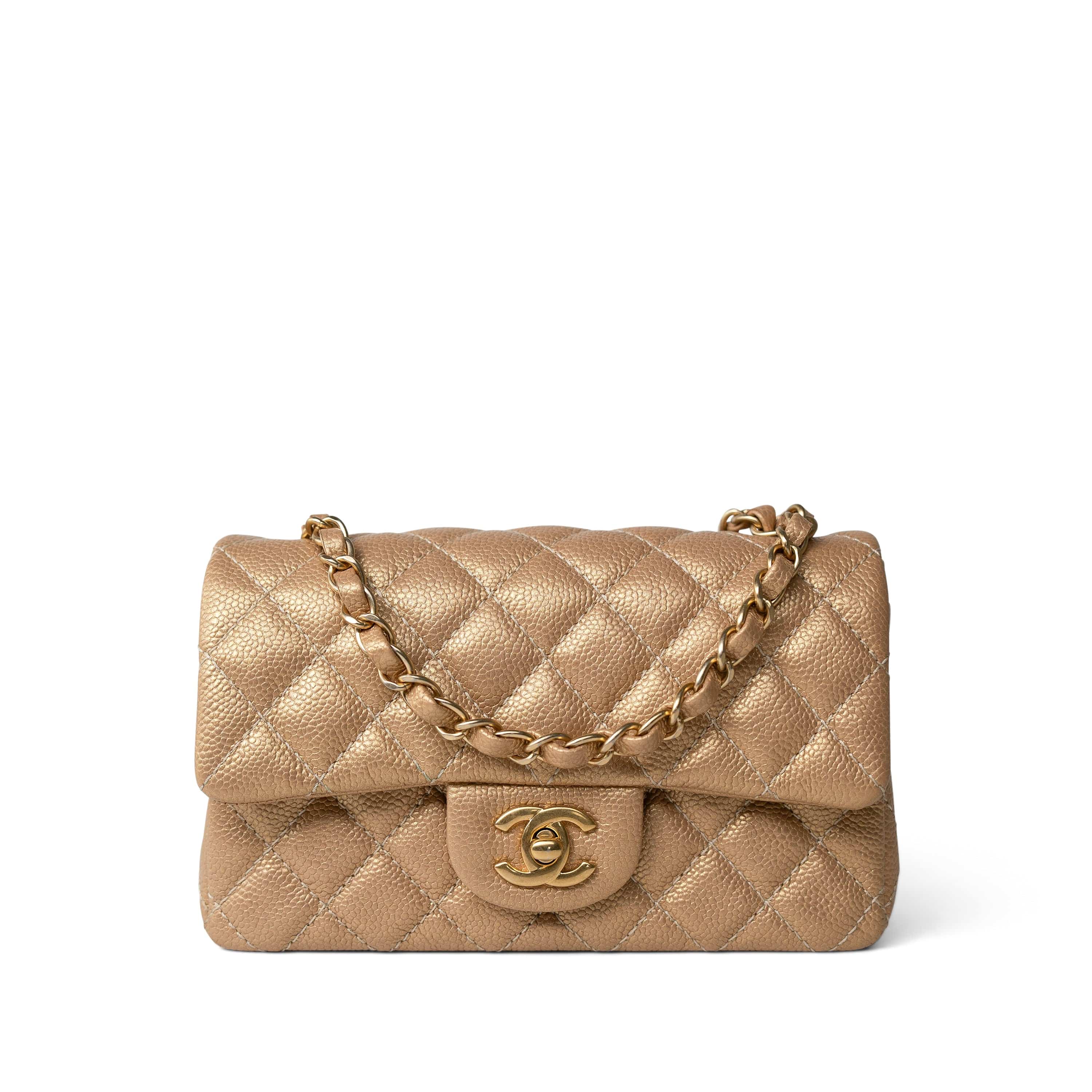 CHANEL Handbag Gold 15C Gold Caviar Quilted Mini Rectangular Flap Antique Gold Hardware - Redeluxe