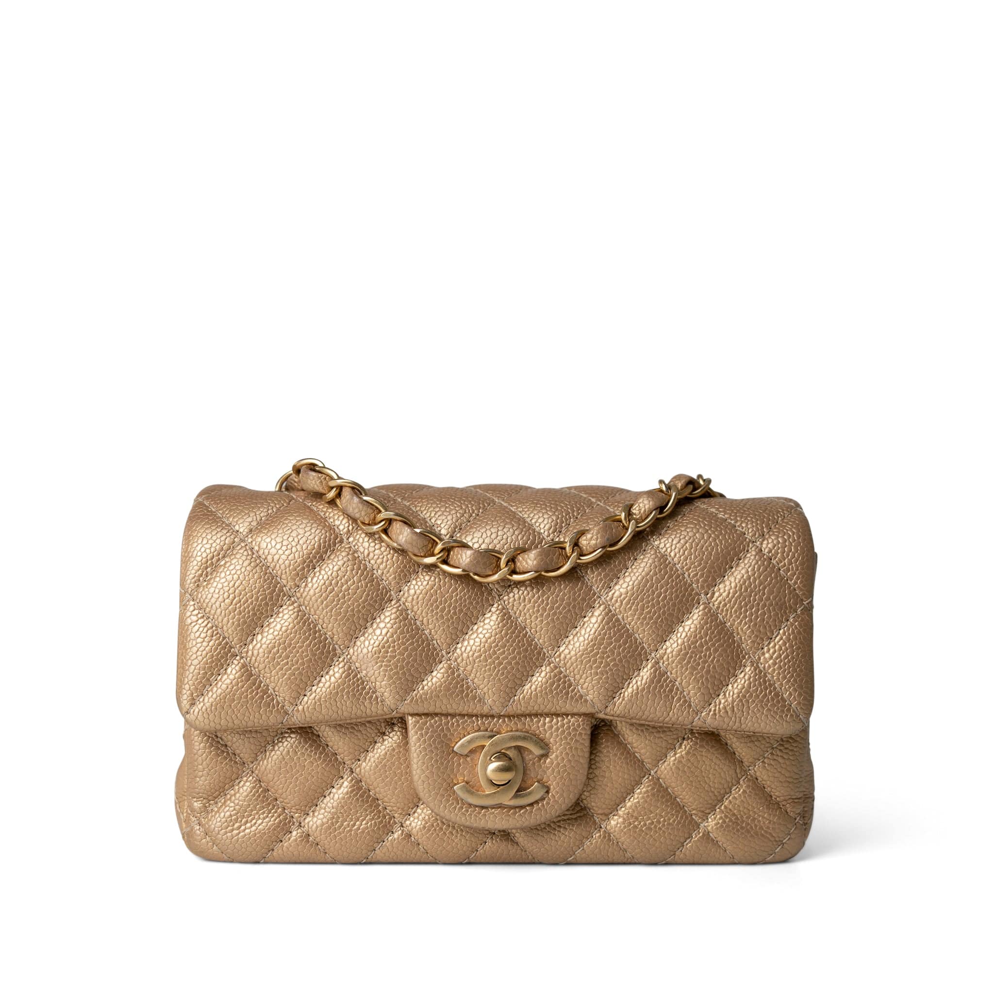 CHANEL Handbag Gold 15C Gold Caviar Quilted Mini Rectangular Flap Antique Gold Hardware - Redeluxe