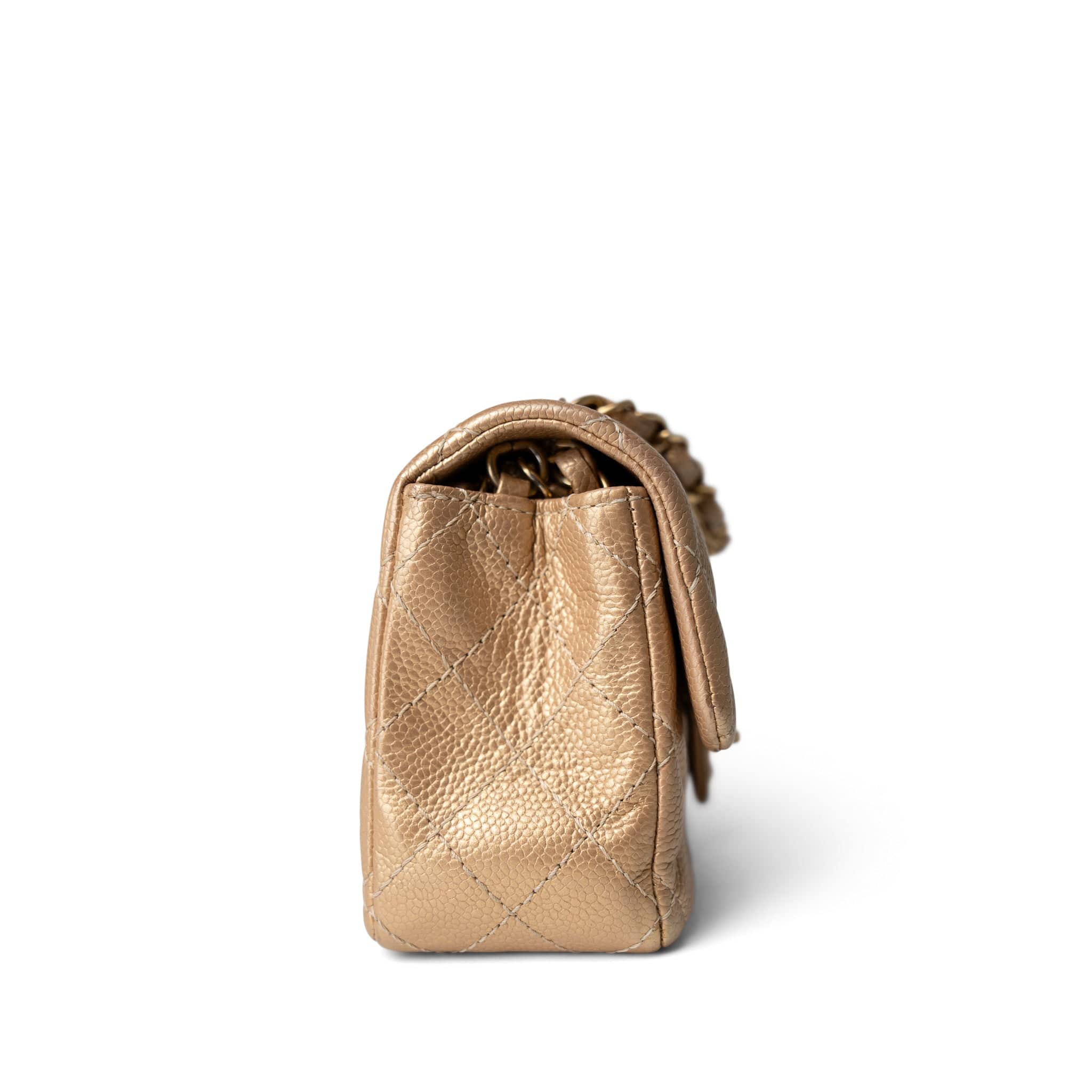 CHANEL Handbag Gold 15C Gold Caviar Quilted Mini Rectangular Flap Antique Gold Hardware - Redeluxe