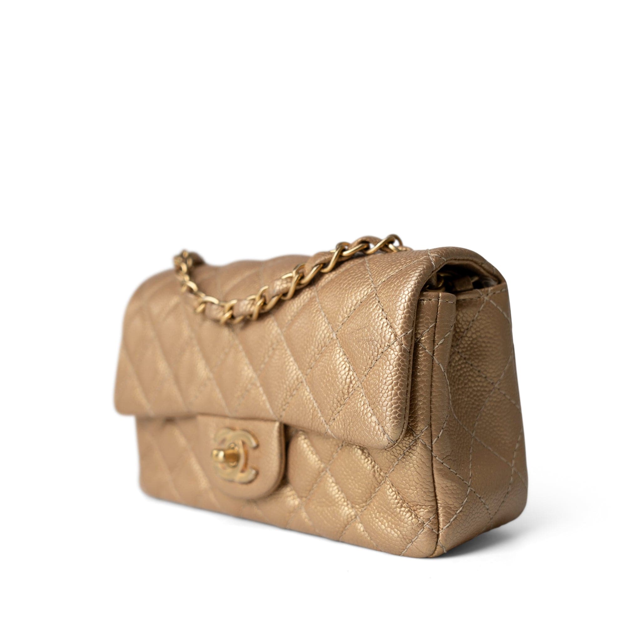 CHANEL Handbag Gold 15C Gold Caviar Quilted Mini Rectangular Flap Antique Gold Hardware - Redeluxe