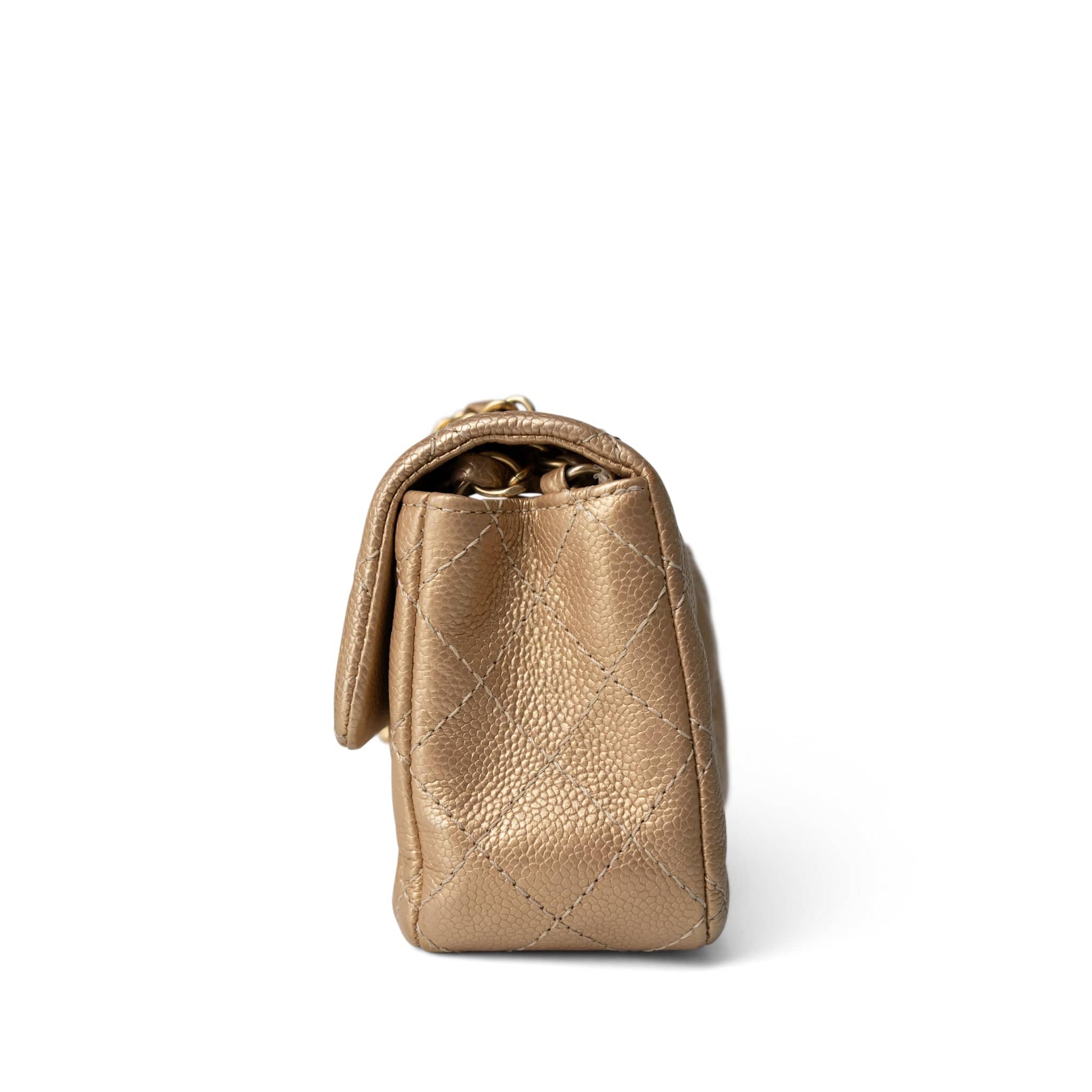 CHANEL Handbag Gold 15C Gold Caviar Quilted Mini Rectangular Flap Antique Gold Hardware - Redeluxe