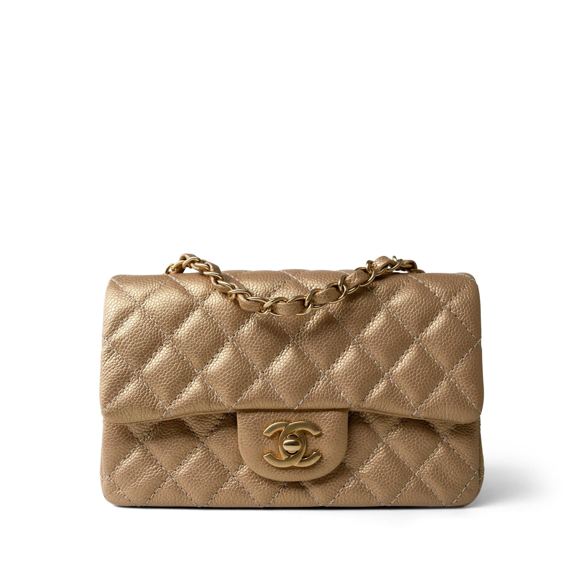 CHANEL Handbag Gold 15C Gold Caviar Quilted Mini Rectangular Flap Antique Gold Hardware - Redeluxe