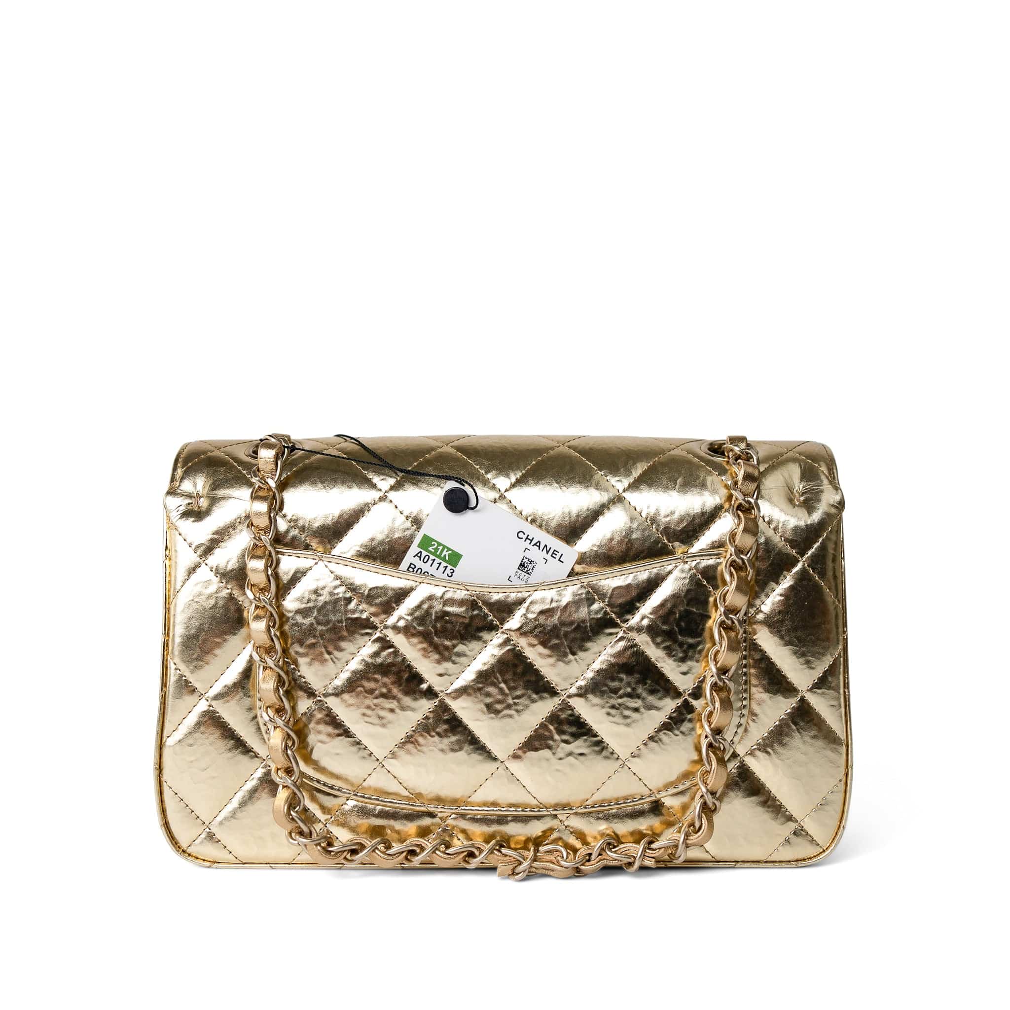CHANEL Handbag Gold / Classic Flap Metallic Hammered Gold Calfskin Quilted Small Double Flap Gold/Black - Redeluxe