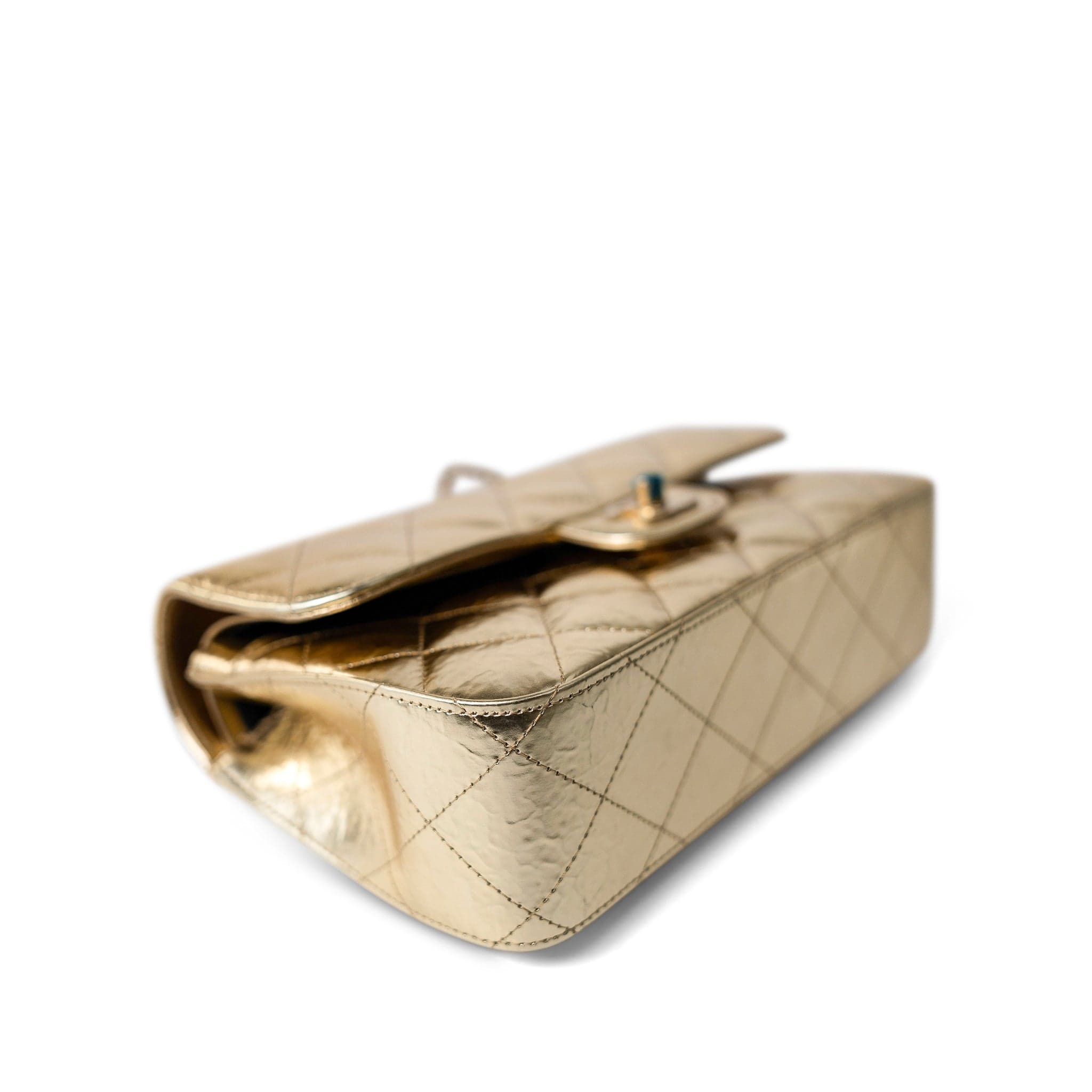 CHANEL Handbag Gold / Classic Flap Metallic Hammered Gold Calfskin Quilted Small Double Flap Gold/Black - Redeluxe