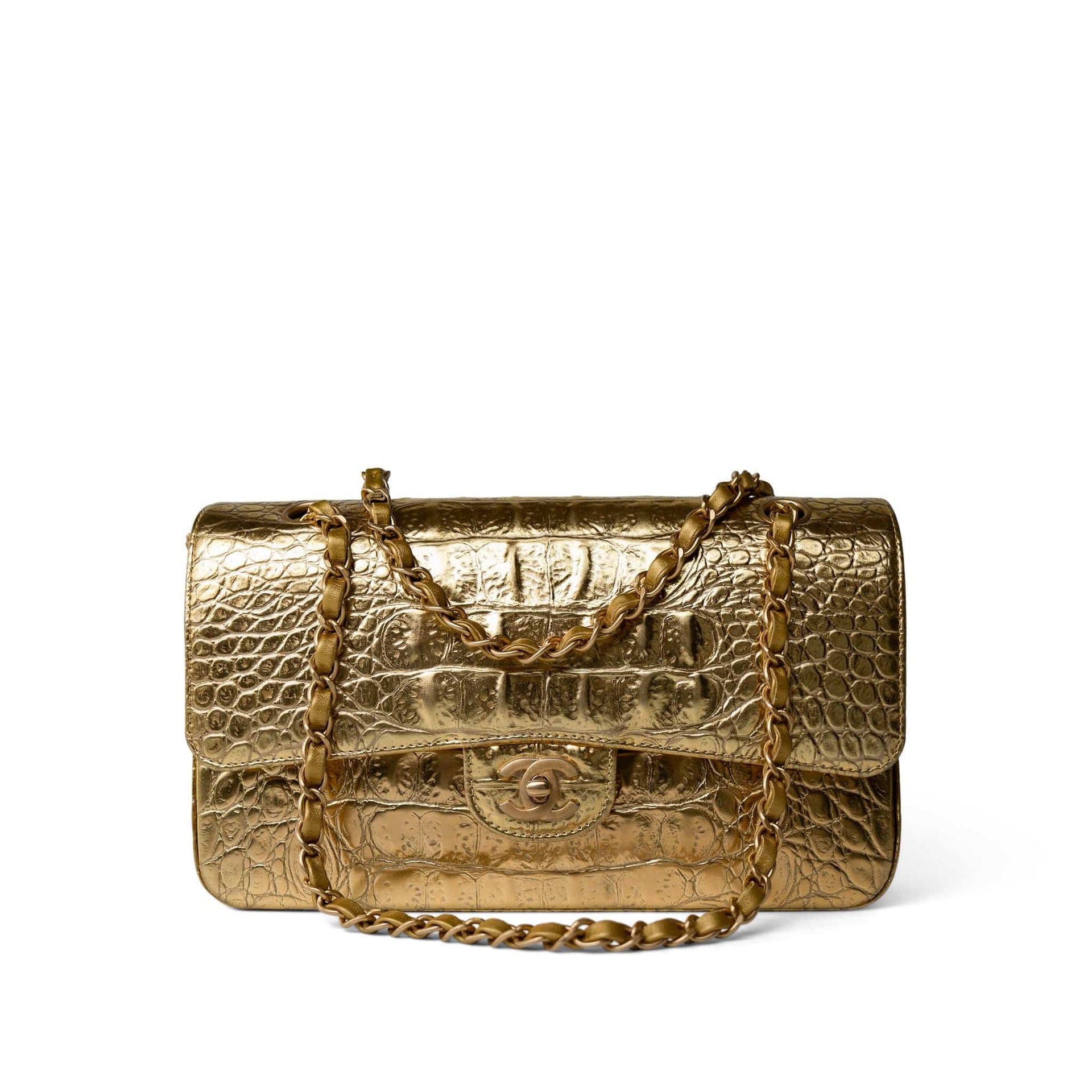 Metallic Calfskin Crocodile Embossed Classic Flap Medium Antique 