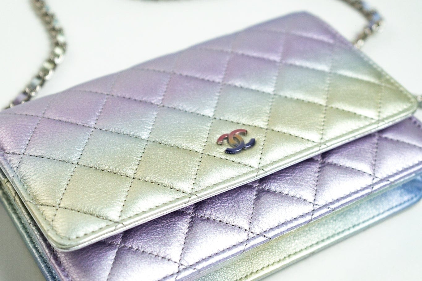 CHANEL Handbag Gradient 21K Gradient Metallic Rainbow Calfskin Quilted Wallet on Chain (WOC) - Redeluxe