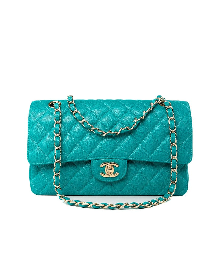 CHANEL Handbag Green 17C Turquoise Caviar Quilted Classic Flap Medium LGHW w/ Edge Stitching - Redeluxe