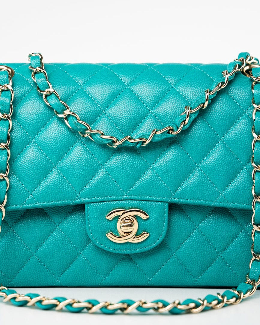 CHANEL Handbag Green 17C Turquoise Caviar Quilted Classic Flap Medium LGHW w/ Edge Stitching - Redeluxe