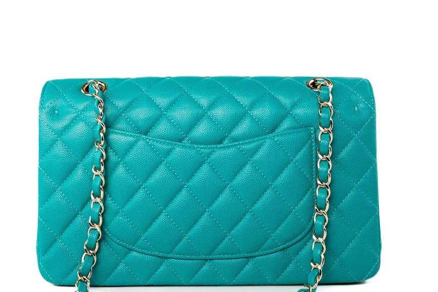 CHANEL Handbag Green 17C Turquoise Caviar Quilted Classic Flap Medium LGHW w/ Edge Stitching - Redeluxe