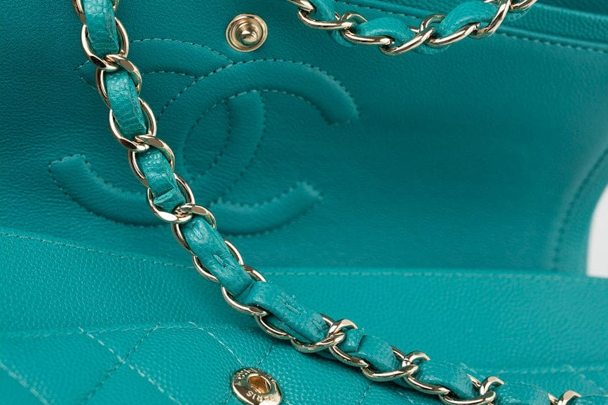 CHANEL Handbag Green 17C Turquoise Caviar Quilted Classic Flap Medium LGHW w/ Edge Stitching - Redeluxe