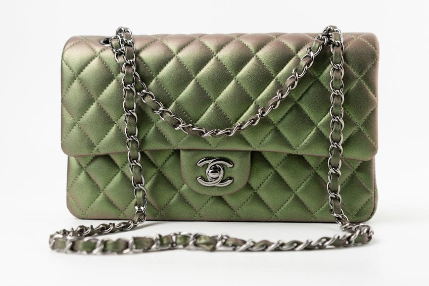 CHANEL Handbag Green 17S Green Iridescent Lambskin Quilted Classic Flap Medium RHW - Redeluxe