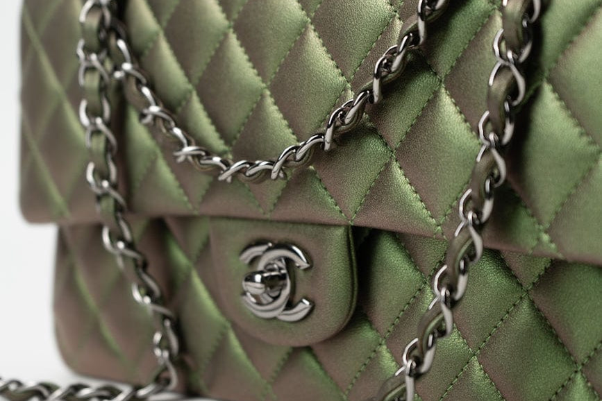 CHANEL Handbag Green 17S Green Iridescent Lambskin Quilted Classic Flap Medium RHW - Redeluxe