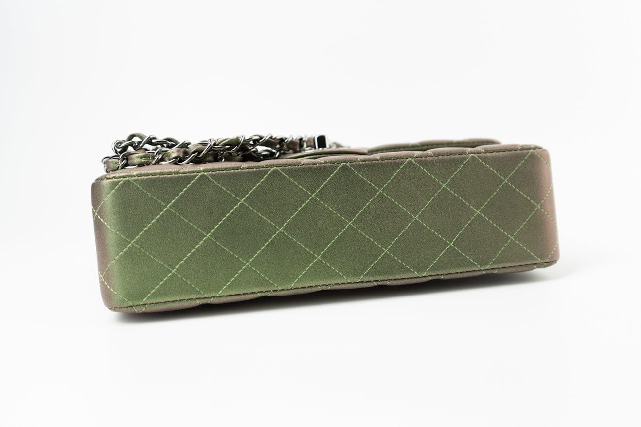 CHANEL Handbag Green 17S Green Iridescent Lambskin Quilted Classic Flap Medium RHW - Redeluxe