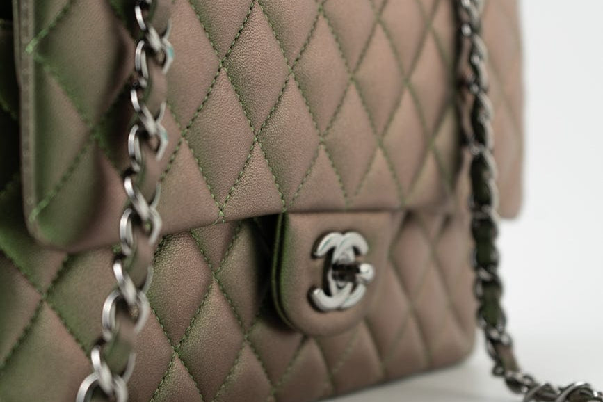 CHANEL Handbag Green 17S Green Iridescent Lambskin Quilted Classic Flap Medium RHW - Redeluxe