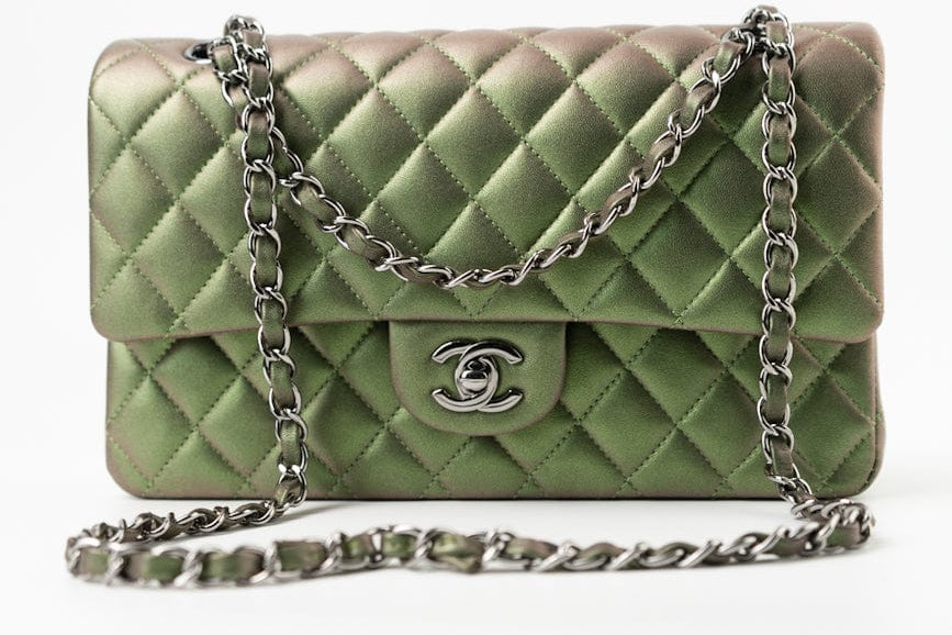 CHANEL Handbag Green 17S Green Iridescent Lambskin Quilted Classic Flap Medium RHW - Redeluxe
