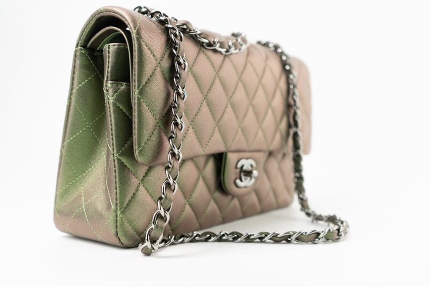 CHANEL Handbag Green 17S Green Iridescent Lambskin Quilted Classic Flap Medium RHW - Redeluxe