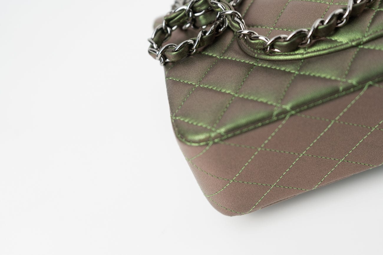 CHANEL Handbag Green 17S Green Iridescent Lambskin Quilted Classic Flap Medium RHW - Redeluxe