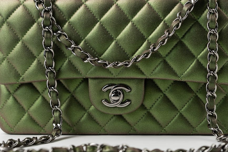 CHANEL Handbag Green 17S Green Iridescent Lambskin Quilted Classic Flap Medium RHW - Redeluxe