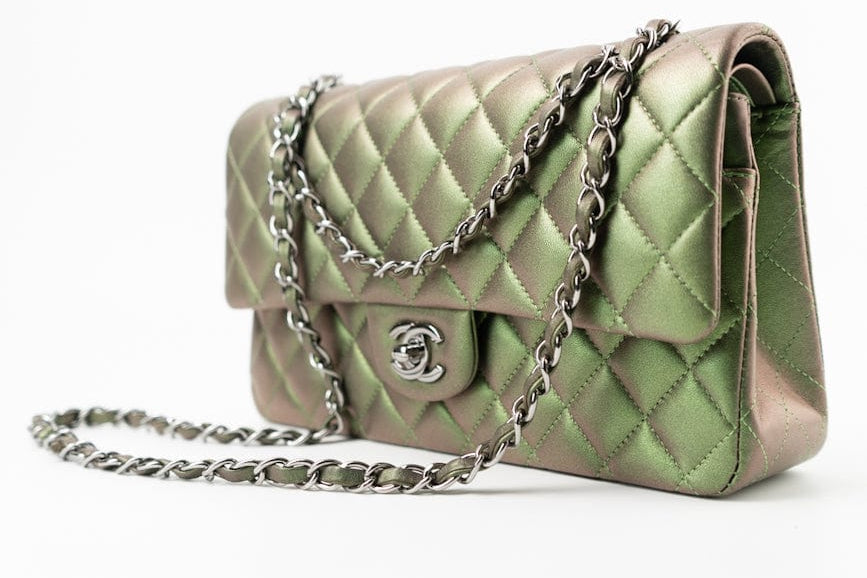 CHANEL Handbag Green 17S Green Iridescent Lambskin Quilted Classic Flap Medium RHW - Redeluxe