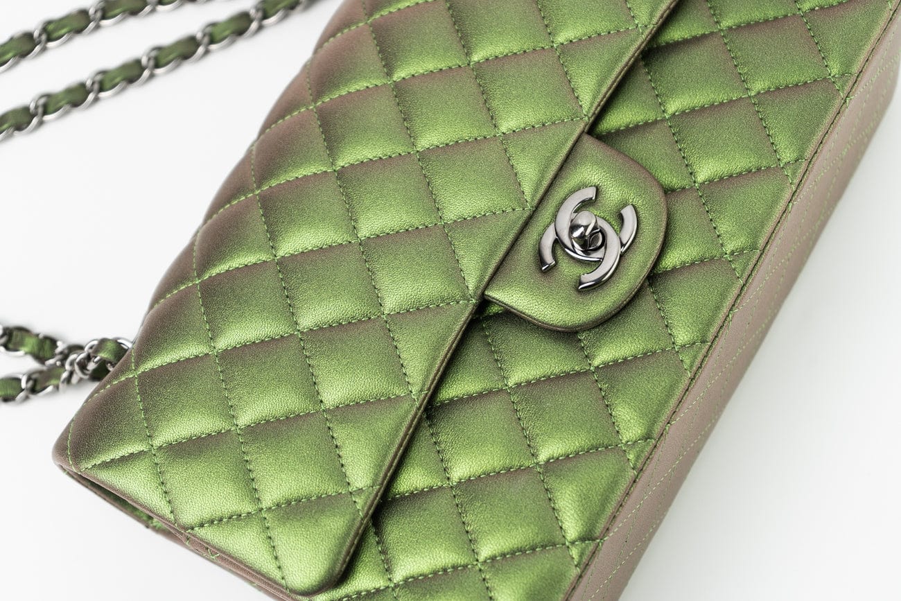 CHANEL Handbag Green 17S Green Iridescent Lambskin Quilted Classic Flap Medium RHW - Redeluxe