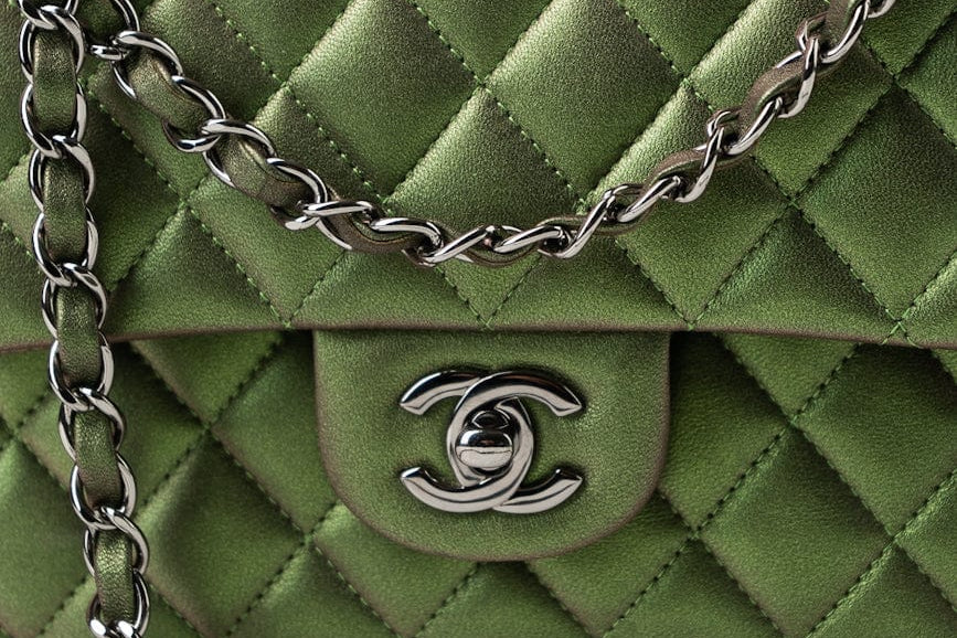 CHANEL Handbag Green 17S Green Iridescent Lambskin Quilted Classic Flap Medium RHW - Redeluxe