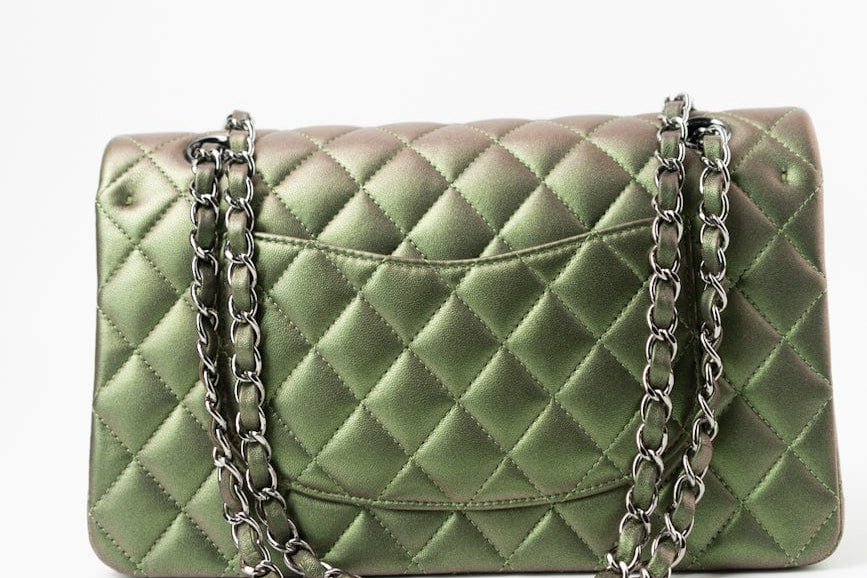 CHANEL Handbag Green 17S Green Iridescent Lambskin Quilted Classic Flap Medium RHW - Redeluxe