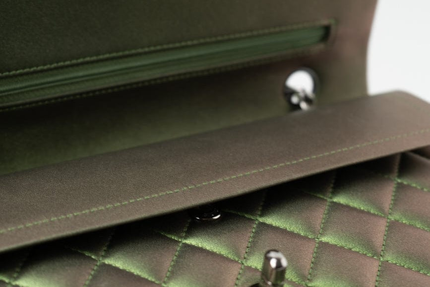 CHANEL Handbag Green 17S Green Iridescent Lambskin Quilted Classic Flap Medium RHW - Redeluxe