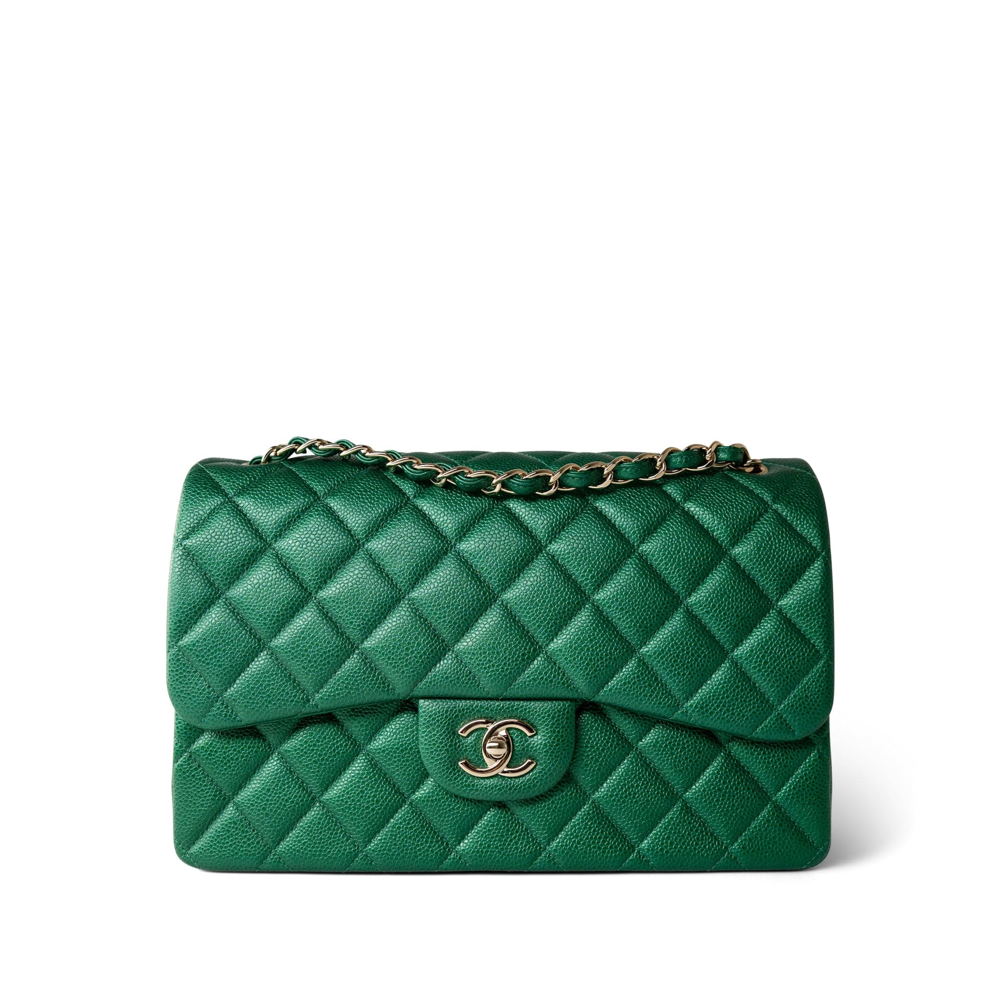 CHANEL Handbag Green 18S Emerald Green Caviar Quilted Jumbo Classic Flap Light Gold Hardware - Redeluxe