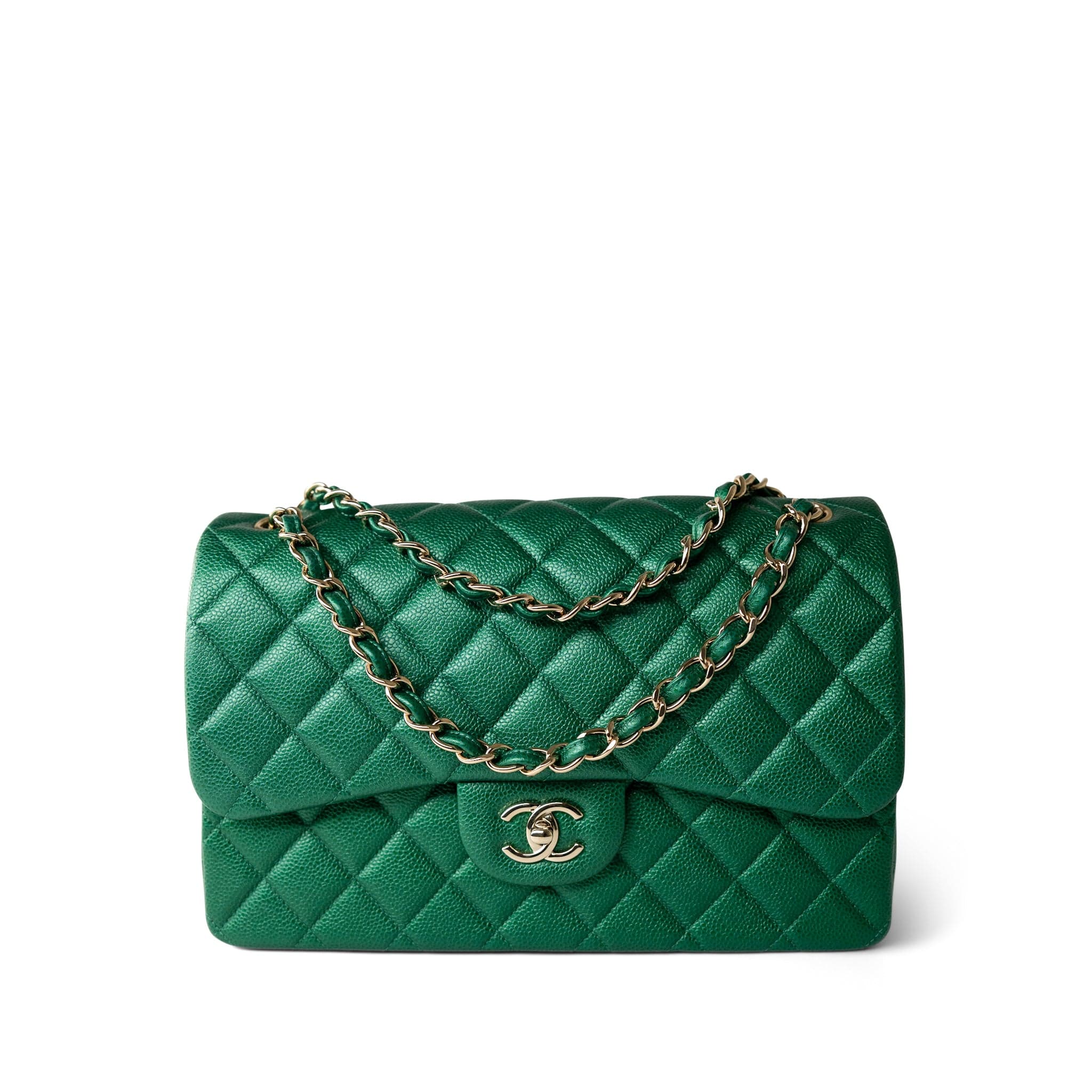 CHANEL Handbag Green 18S Emerald Green Caviar Quilted Jumbo Classic Flap Light Gold Hardware - Redeluxe