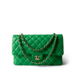 CHANEL Handbag Green 20S Green Lambskin Quilted Classic Flap Medium Light Gold Hardware - Redeluxe