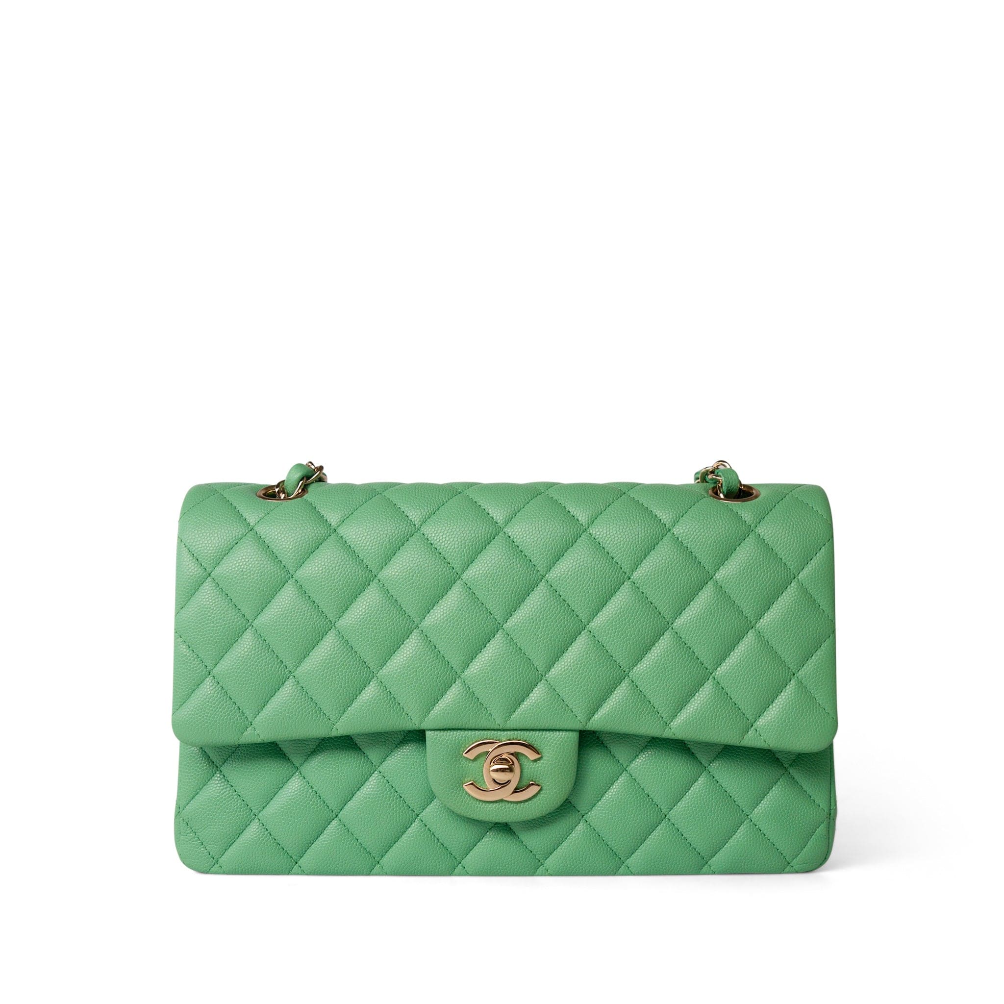 CHANEL Handbag Green 21P Green Caviar Quilted Classic Flap Medium Light Gold Hardware - Redeluxe