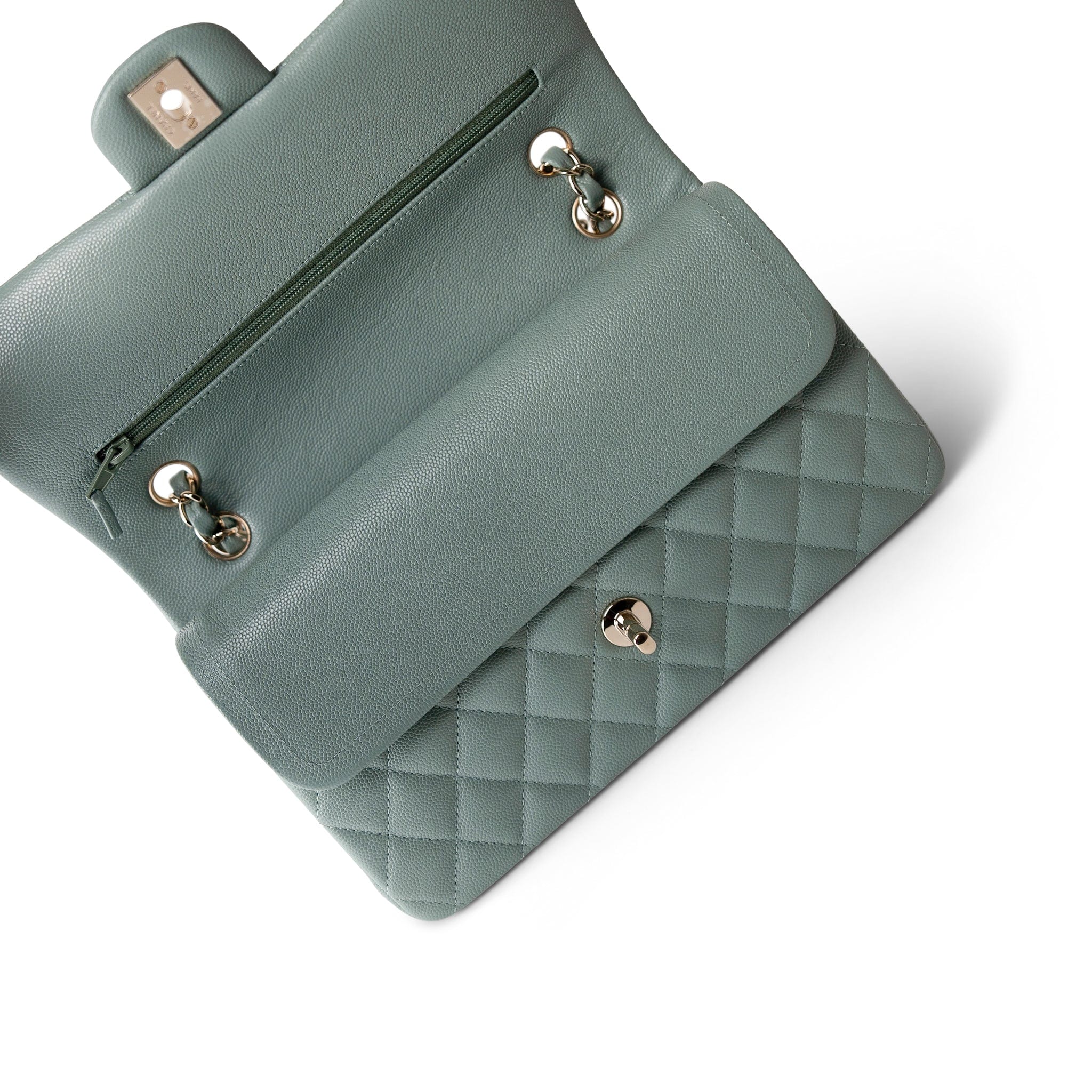 CHANEL Handbag Green 22C Dark Green Caviar Quilted Classic Flap Medium Light Gold Hardware - Redeluxe