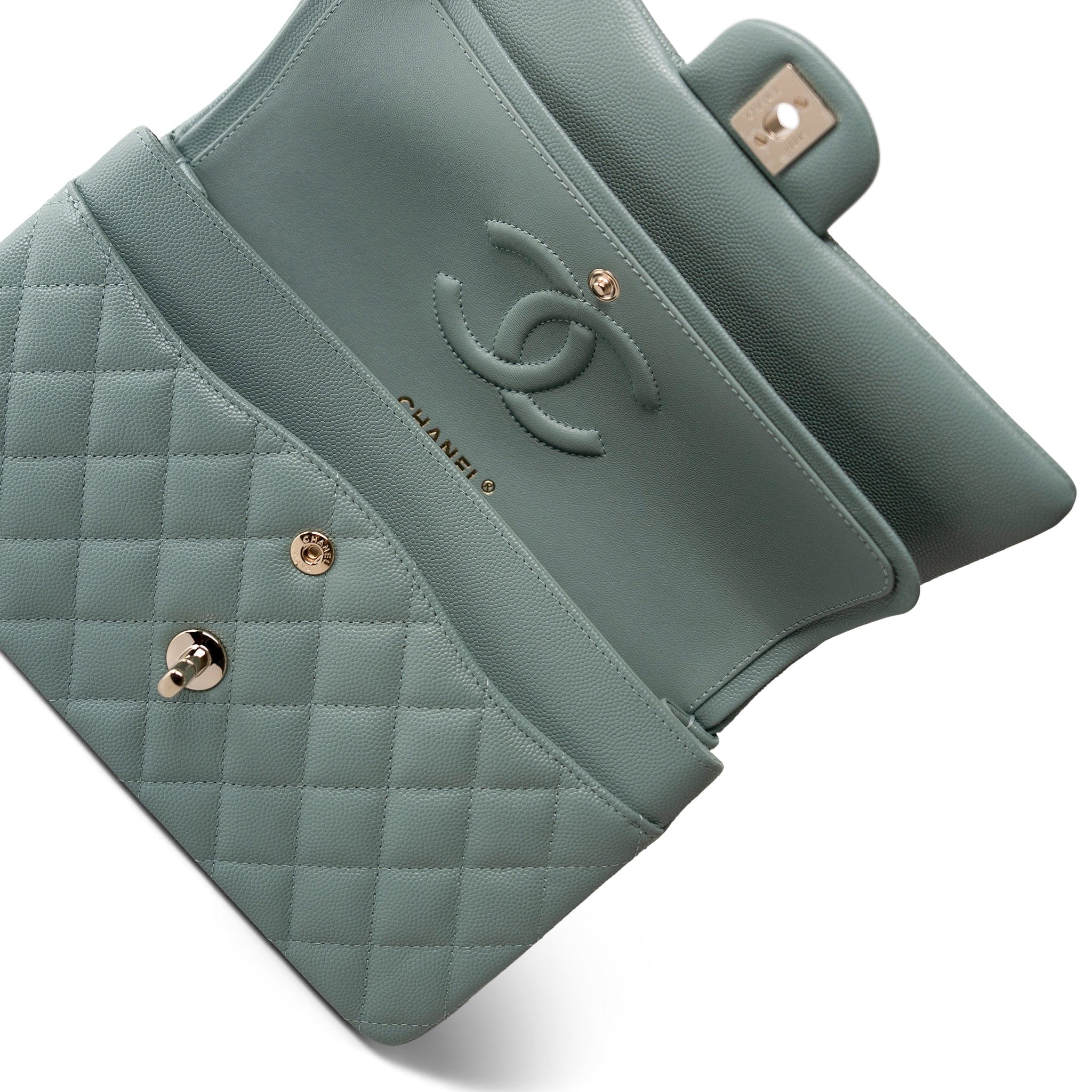 CHANEL Handbag Green 22C Dark Green Caviar Quilted Classic Flap Medium Light Gold Hardware - Redeluxe