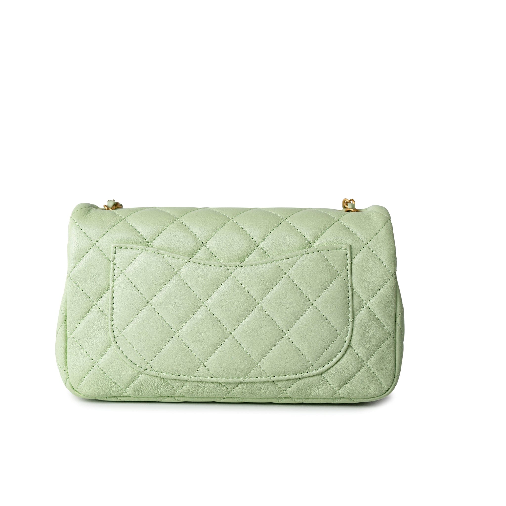 CHANEL Handbag Green 22C Light Green Lambskin Quilted Pearl Crush Mini Rectangular Flap Aged Gold Hardware - Redeluxe