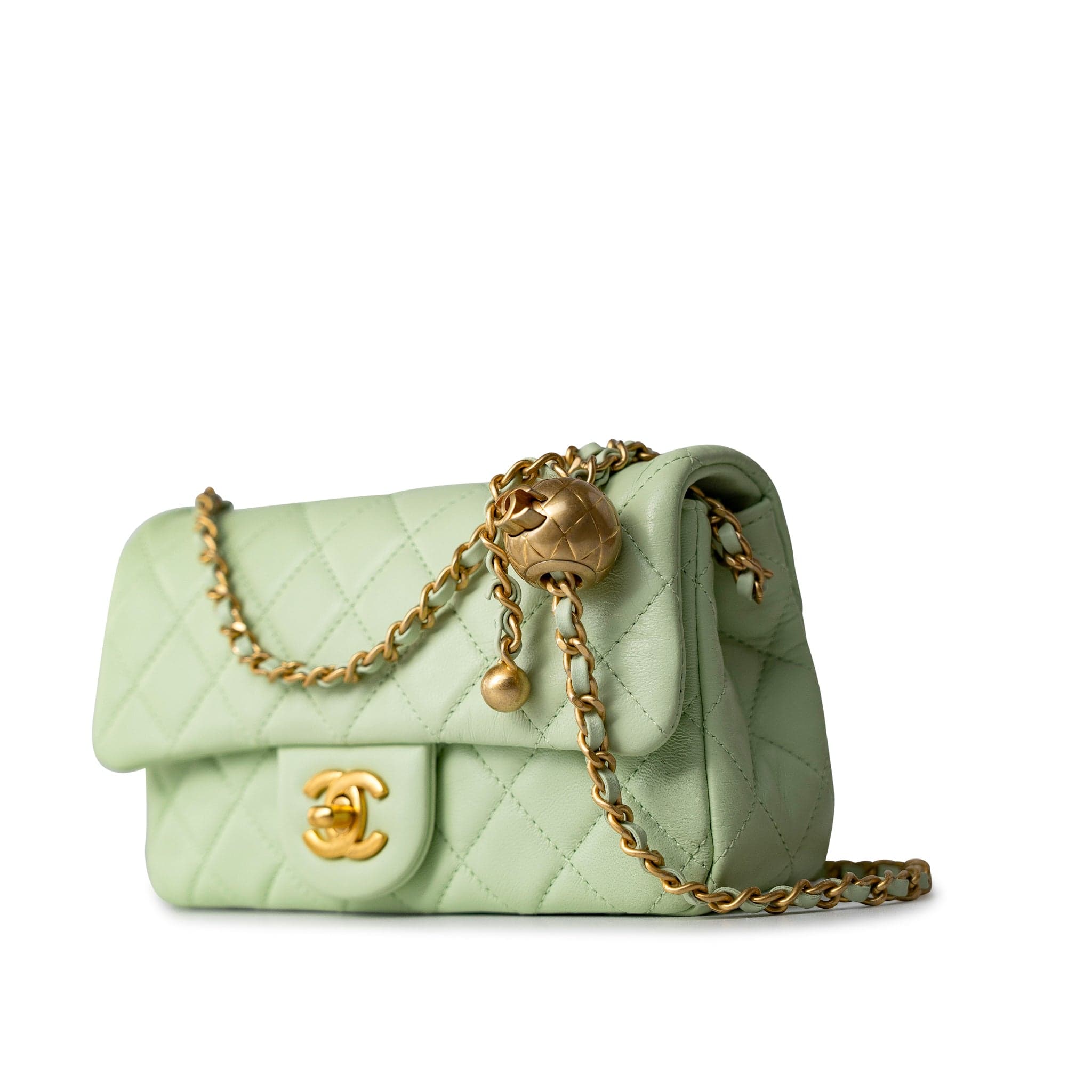CHANEL Handbag Green 22C Light Green Lambskin Quilted Pearl Crush Mini Rectangular Flap Aged Gold Hardware - Redeluxe