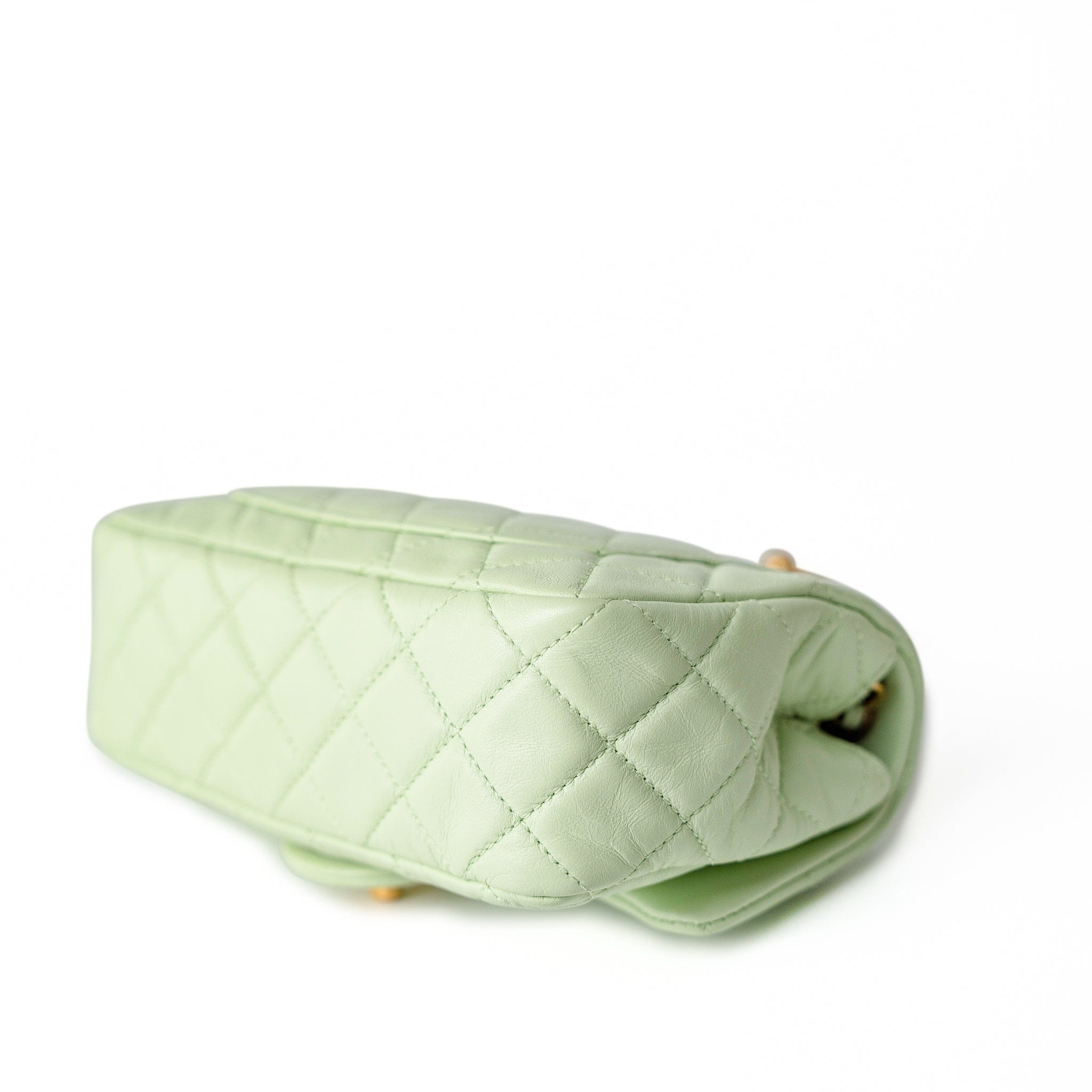 CHANEL Handbag Green 22C Light Green Lambskin Quilted Pearl Crush Mini Rectangular Flap Aged Gold Hardware - Redeluxe