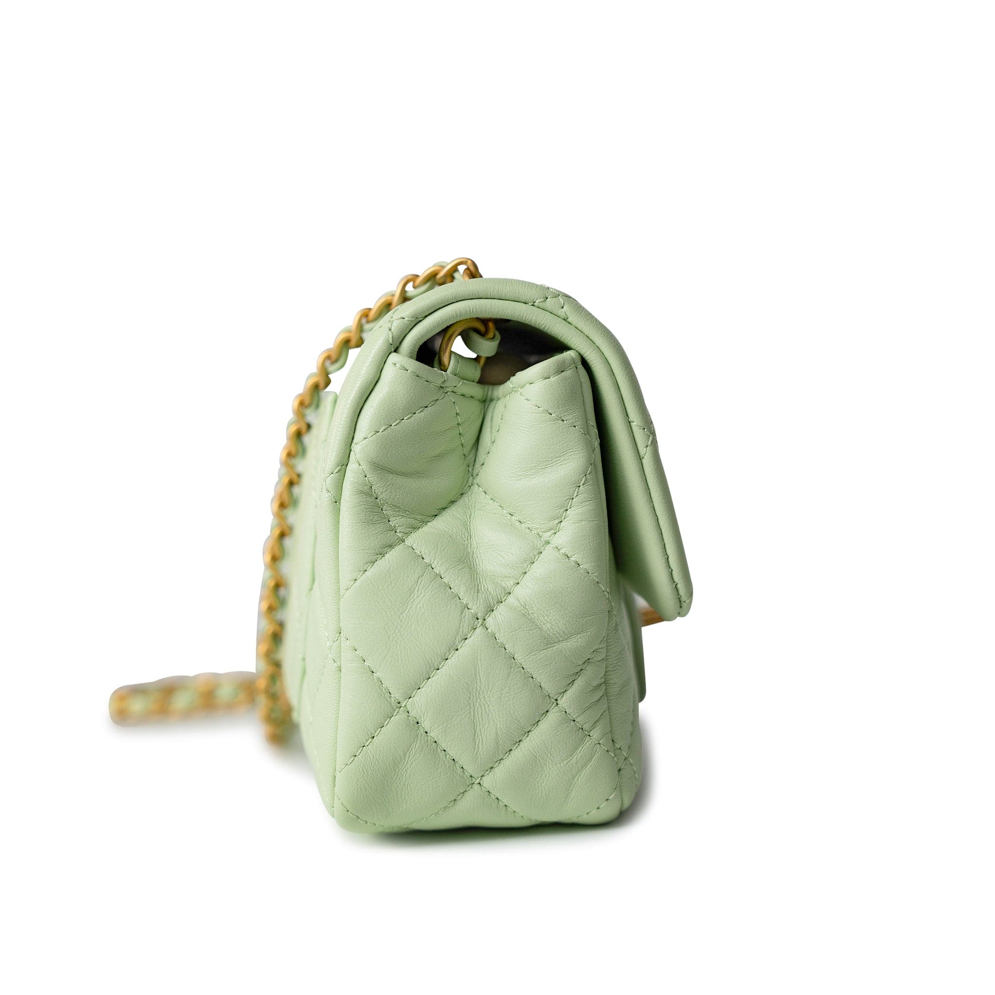 CHANEL Handbag Green 22C Light Green Lambskin Quilted Pearl Crush Mini Rectangular Flap Aged Gold Hardware - Redeluxe
