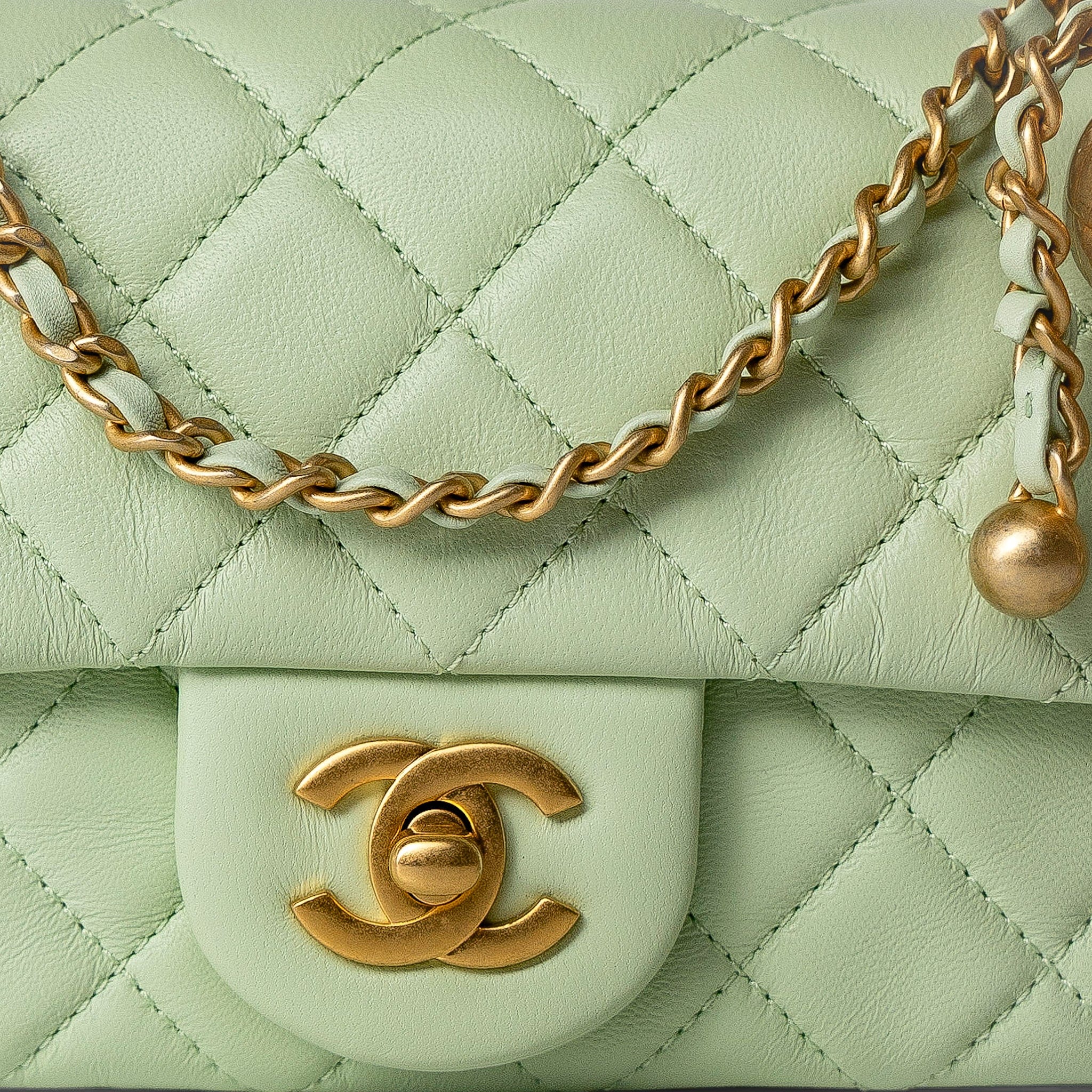 CHANEL Handbag Green 22C Light Green Lambskin Quilted Pearl Crush Mini Rectangular Flap Aged Gold Hardware - Redeluxe