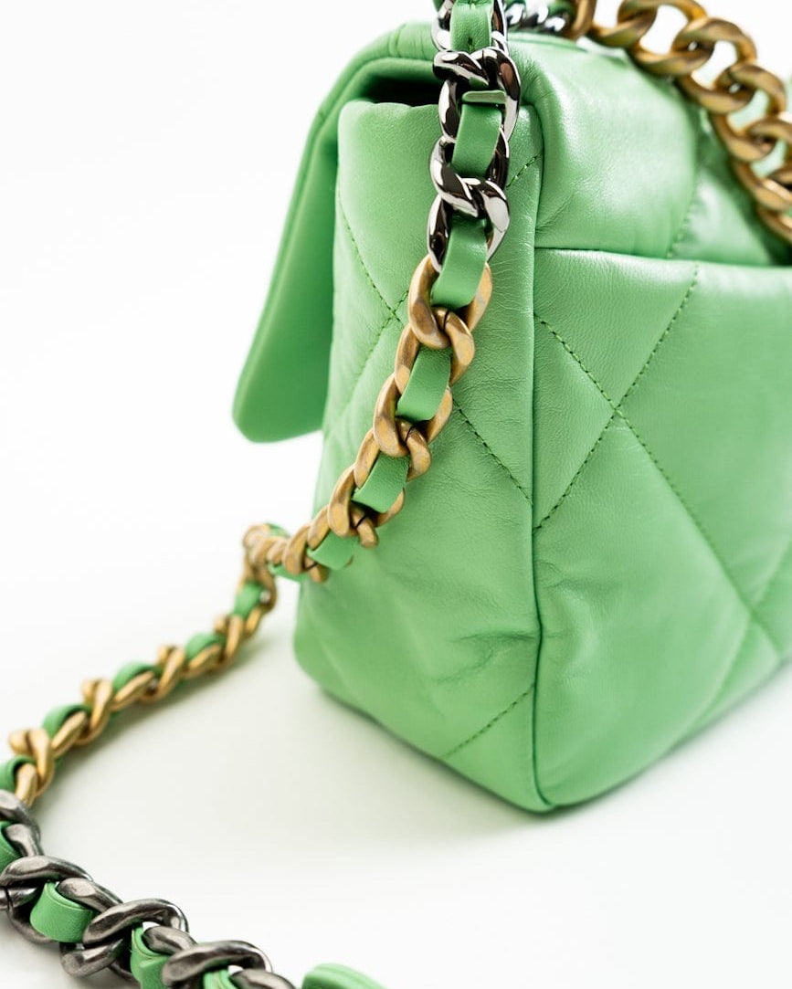 CHANEL Handbag Green Chanel Green Goatskin Quilted Small 19 Flap MHW - Redeluxe