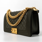 CHANEL Handbag Green Khaki Green Lambskin Quilted Medium Boy Bag Aged Gold Hardware - Redeluxe