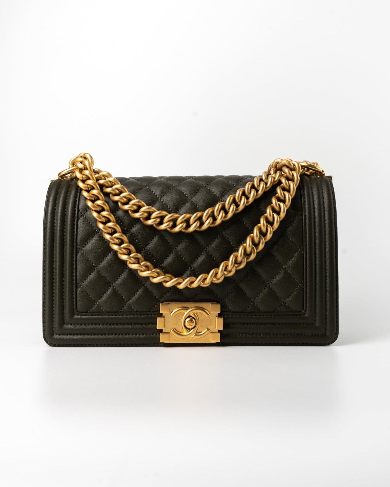 CHANEL Handbag Green Khaki Green Lambskin Quilted Medium Boy Bag Aged Gold Hardware - Redeluxe