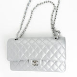CHANEL Handbag Grey 23P Metallic Silver Lambskin Quilted Classic Flap Medium SHW Edge Stitching - Redeluxe